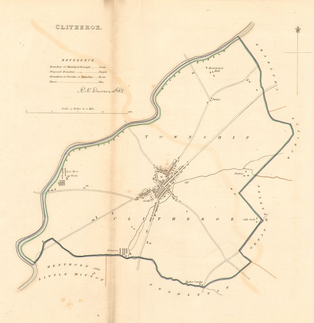 CLITHEROE town/borough plan. BOUNDARY REVIEW. Lancashire. DAWSON 1837 old map