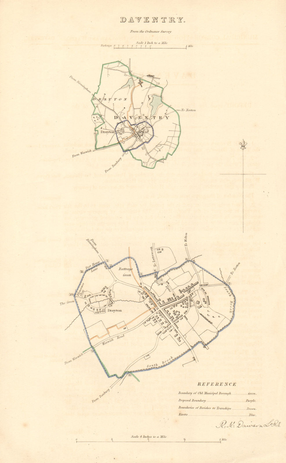 DAVENTRY borough/town plan. BOUNDARY REVIEW. Northamptonshire. DAWSON 1837 map