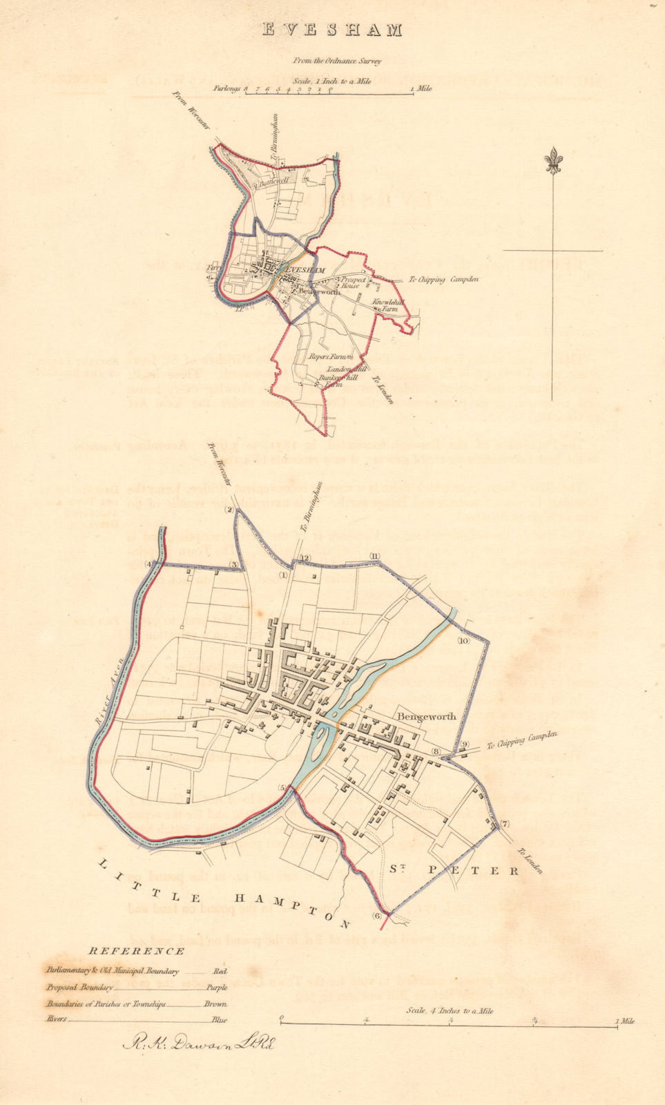EVESHAM borough/town plan. BOUNDARY REVIEW. Worcestershire. DAWSON 1837 map