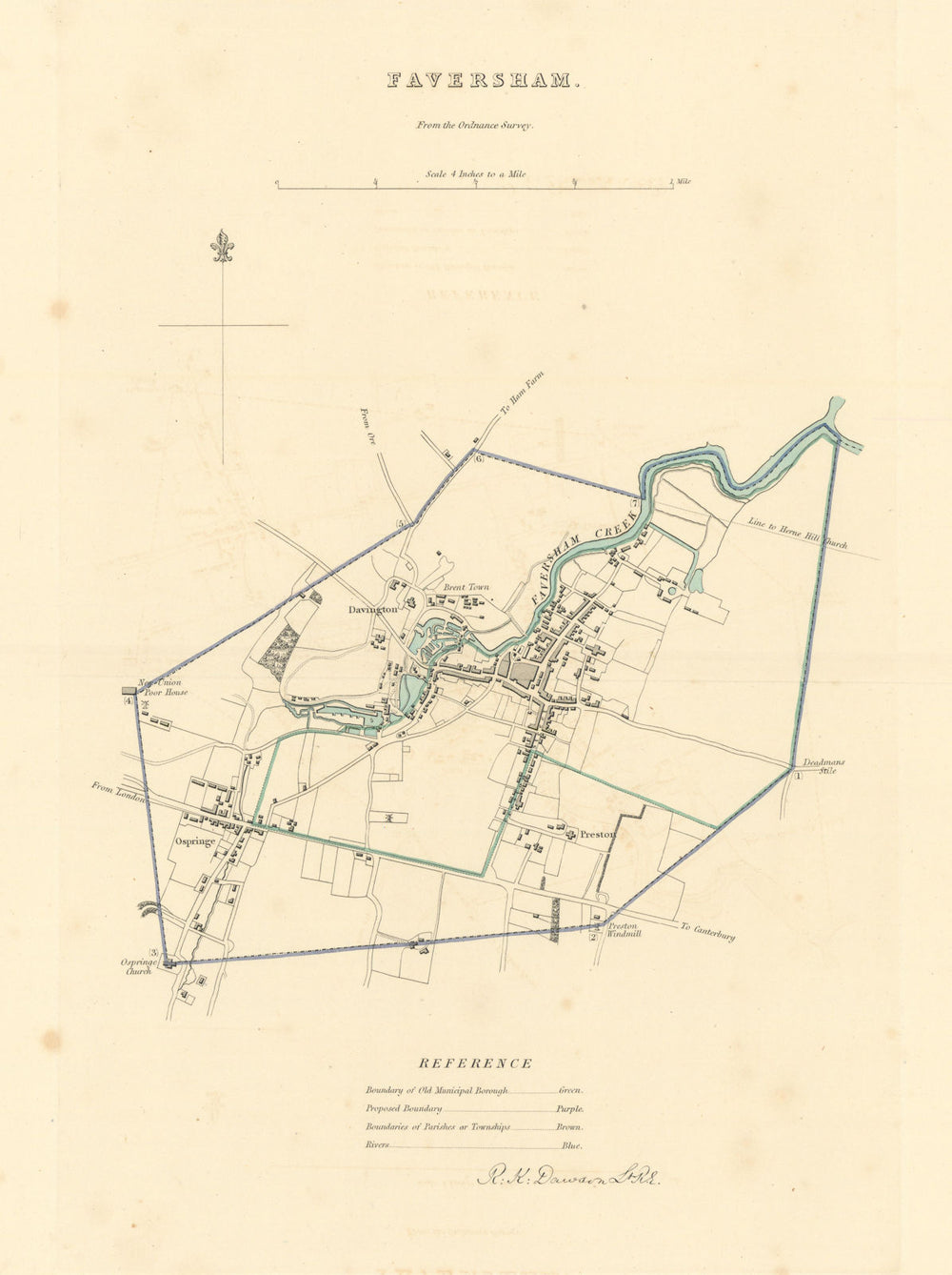 FAVERSHAM borough/town plan. BOUNDARY REVIEW. Kent. DAWSON 1837 old map