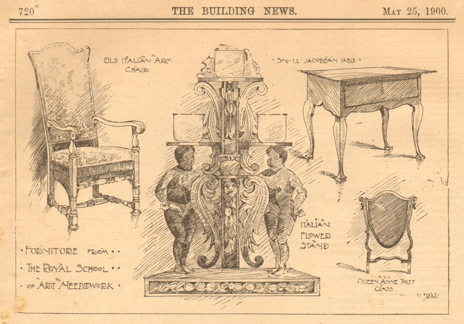 Furniture. Royal School of Art Needlework. Italian Jacobean Queen Anne 1900  – Antiquemapsandprints.com, image size:1600x1117