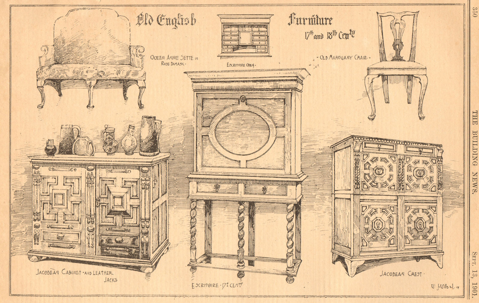 English furniture 17-18th Century Queen Anne settee chair Jacobean cabinet  1901 – Antiquemapsandprints.com, image size:1600x1012