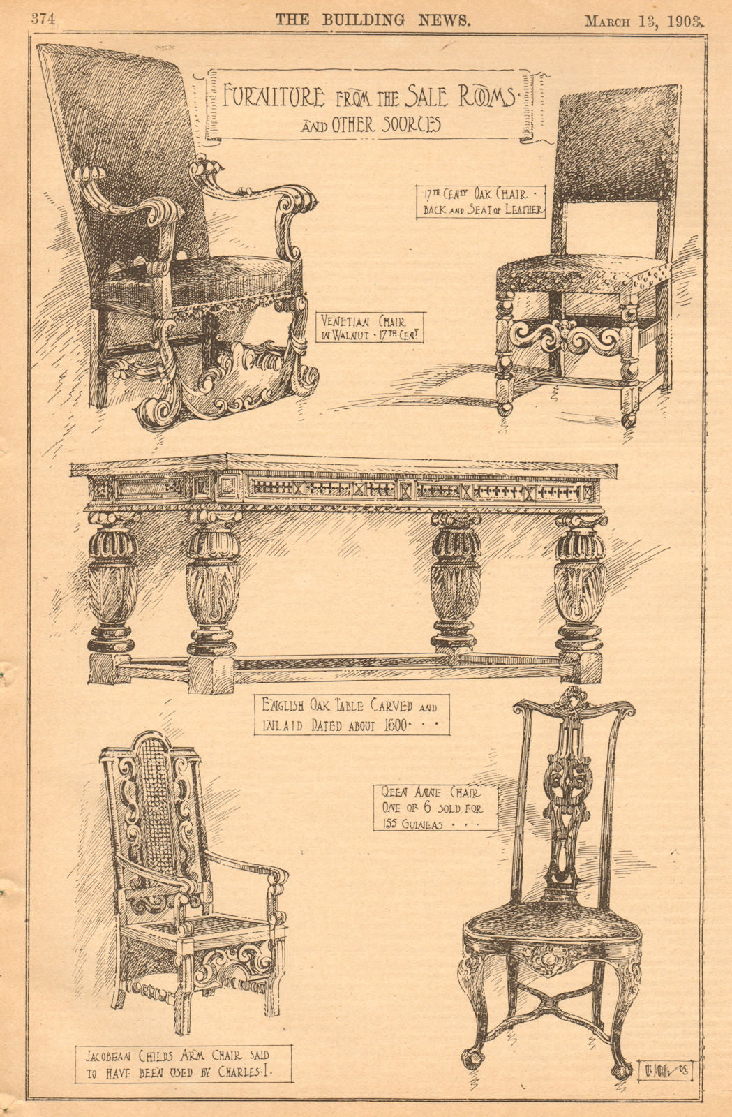 Furniture. 17C chair Venetian English table Queen Anne Jacobean Charles I  1903 – Antiquemapsandprints.com, image size:1049x1600