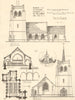 A village church by Ulateme. Sketch view, elevations, plan 1906 old print