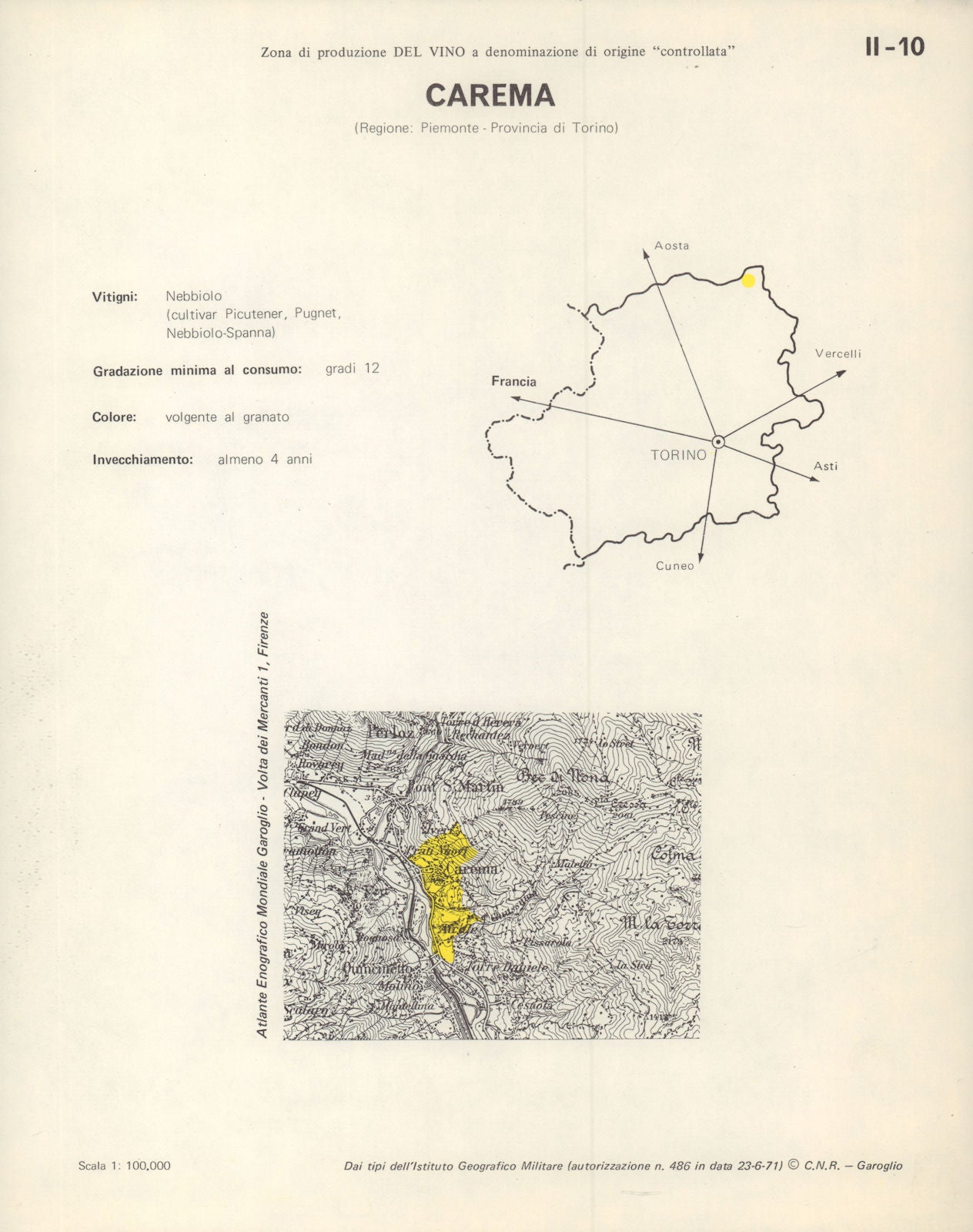 Italy wine. Carema DOC. Piemonte. Torino 1976 old vintage map plan