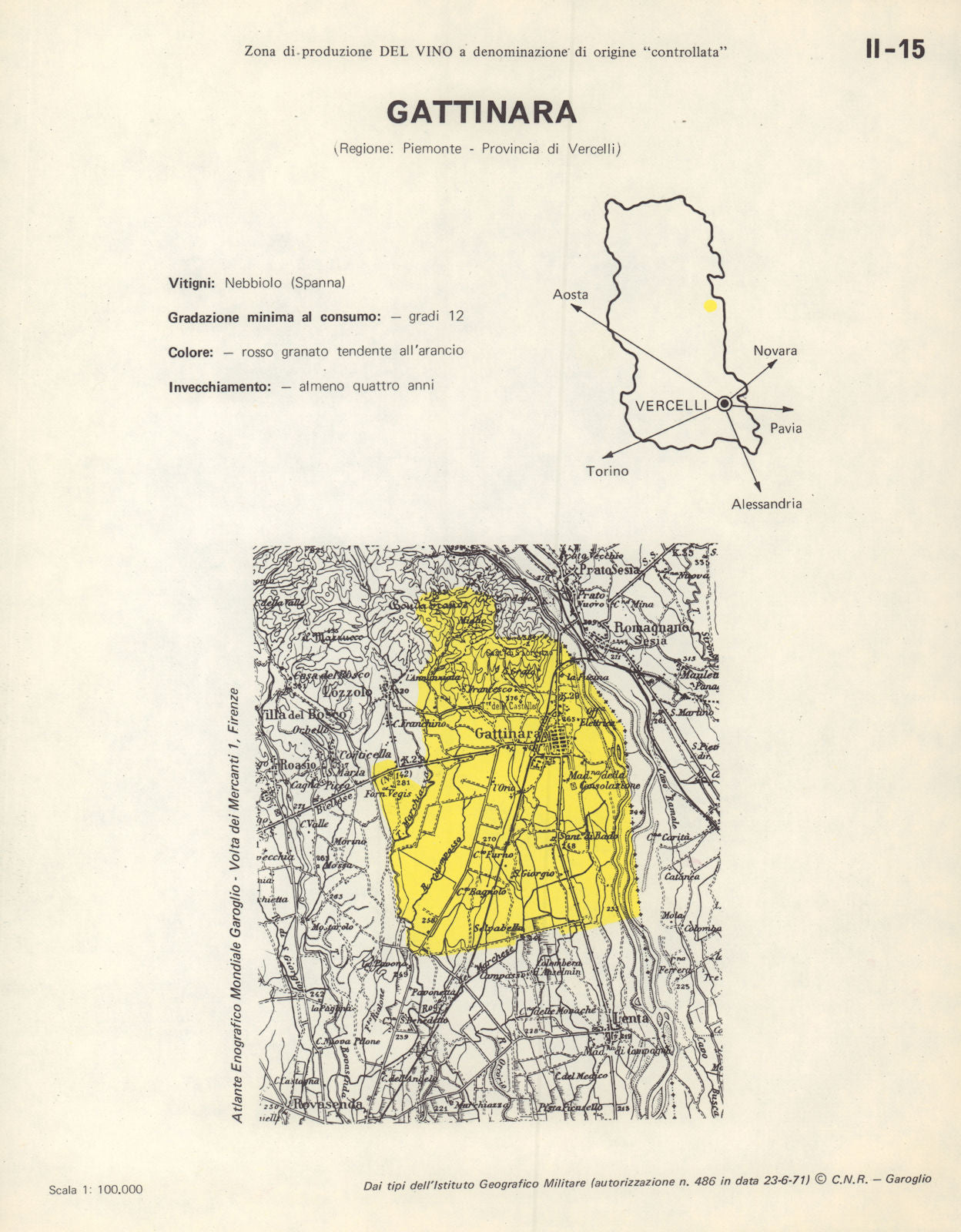 Italy wine. Gattinara DOC. Piemonte. Vercelli 1976 old vintage map plan