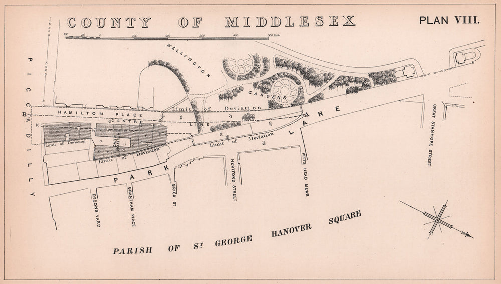 1871 Old Park Lane & Hamilton Place widening. Piccadilly. Mayfair 1898 map