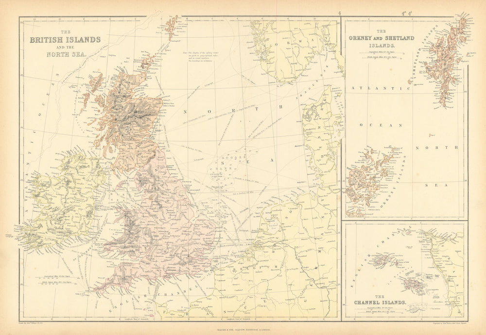 BRITISH ISLES & NORTH SEA. Dogger bank. Ocean depths. Shipping routes 1886 map