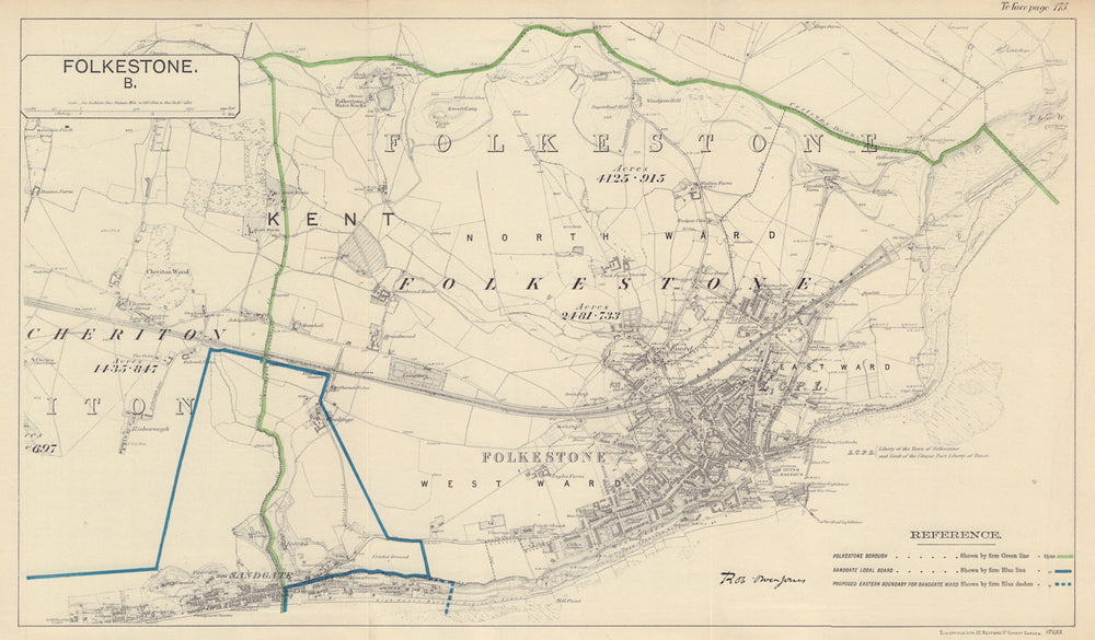 Folkestone, Kent. JONES. BOUNDARY COMMISSION 1888 old antique map plan chart