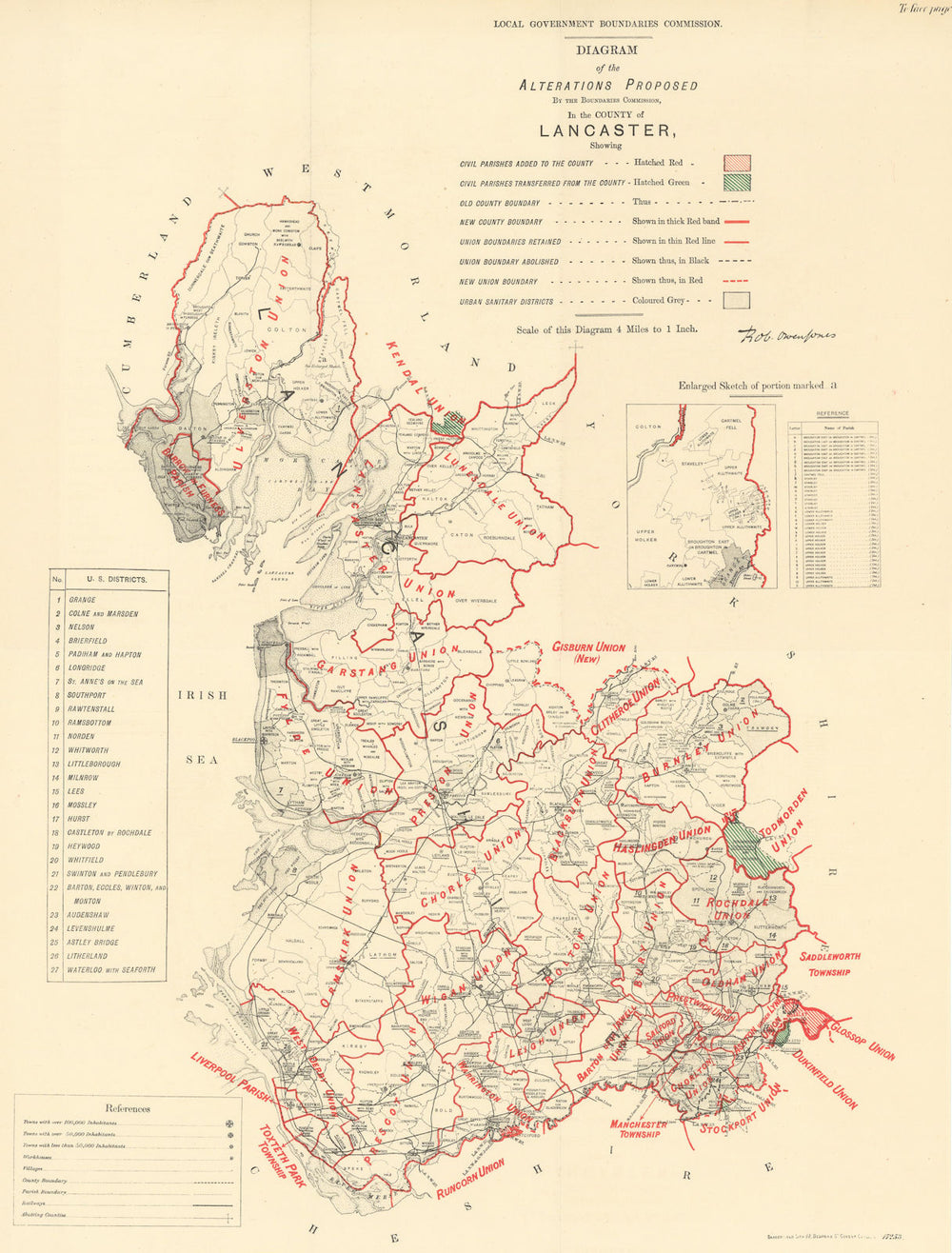 Alterations Proposed in Lancashire. JONES. BOUNDARY COMMISSION 1888 old map