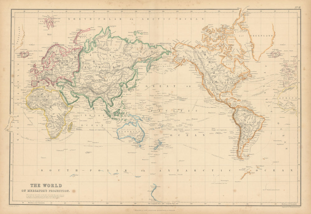 The World on Mercator's Projection by John Bartholomew 1859 old antique map