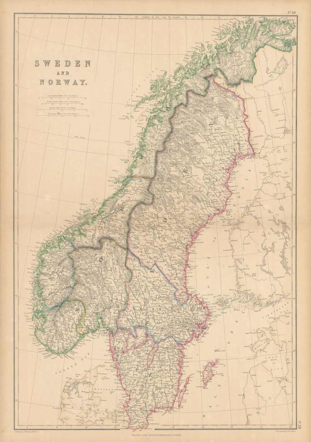 Sweden and Norway in provinces by Joseph Wilson Lowry 1859 old antique map