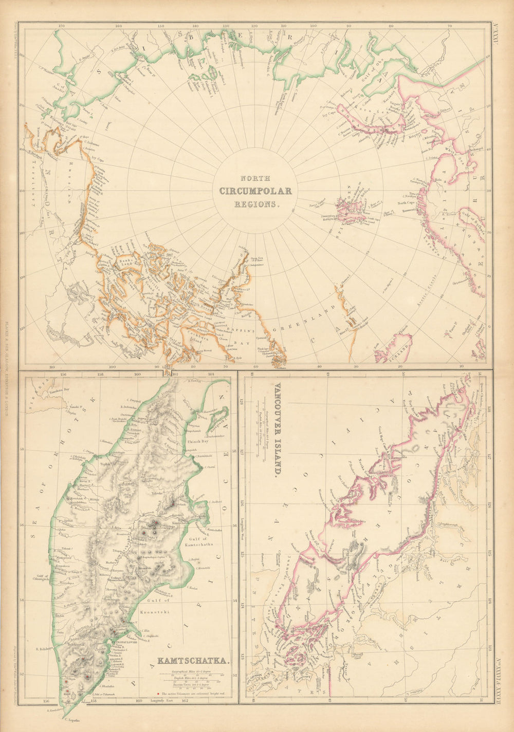 North Circumpolar Regions. Vancouver Island. Kamchatka volcanoes WELLER 1859 map