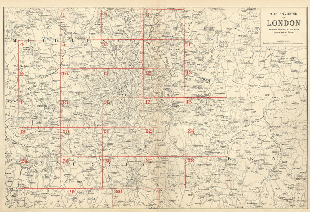 GREATER LONDON ENVIRONS. General Index map to 4 inch scale maps. BACON 1900