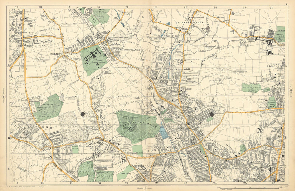 FRIERN BARNET/HORNSEY Palmers/Wood Green Southgate Muswell Hill. BACON  1900 map