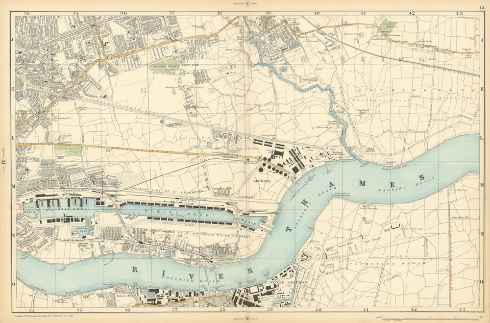WEST/EAST HAM & BARKING Plaistow Woolwich Thamesmead Beckton. BACON  1900 map