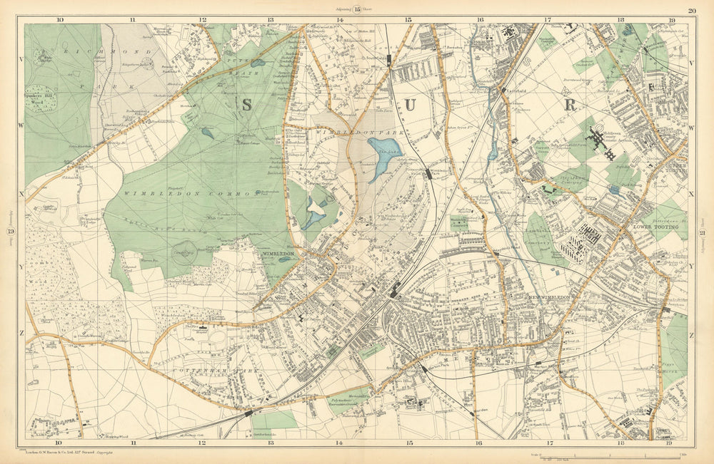WIMBLEDON Merton Tooting Putney Heath Southfields Cottenham Park BACON  1900 map