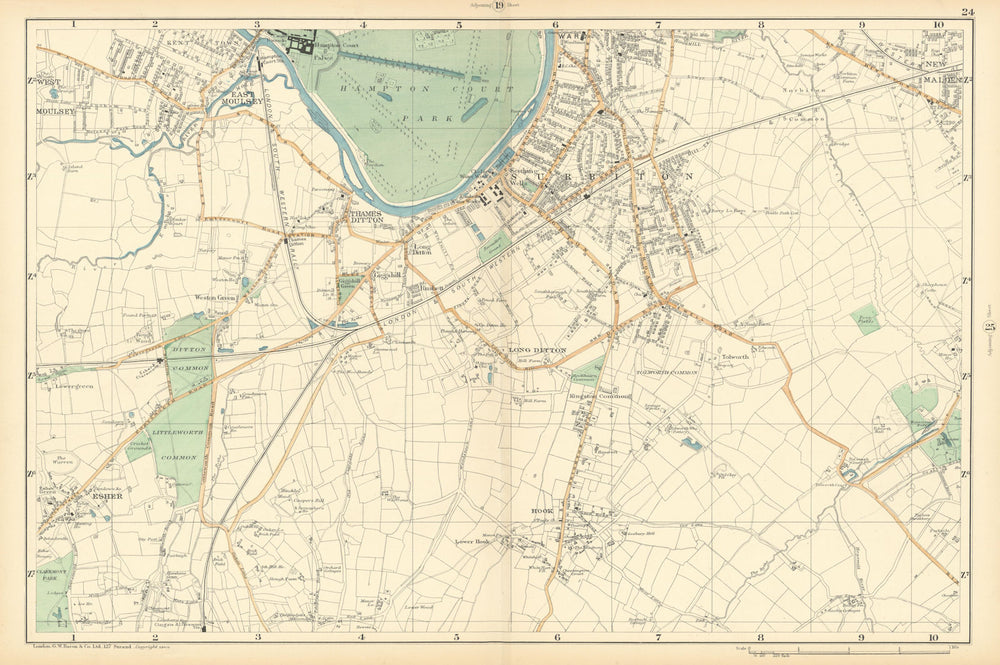 SURBITON & ESHER Hampton Court East Molesey Thames Ditton Hook. BACON  1900 map