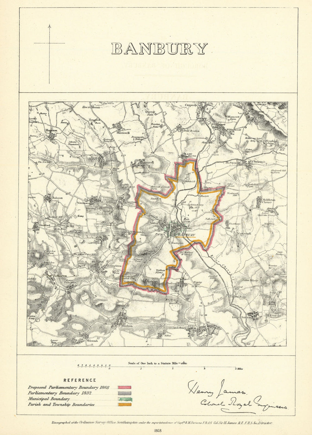 Banbury, Oxfordshire. JAMES. Parliamentary Boundary Commission 1868 old map