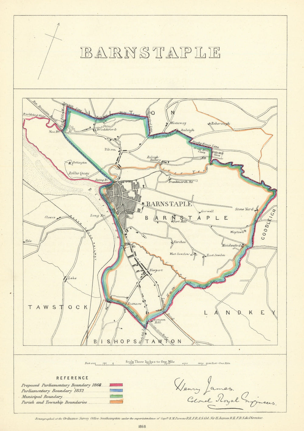 Barnstaple, Devon. JAMES. Parliamentary Boundary Commission 1868 old map