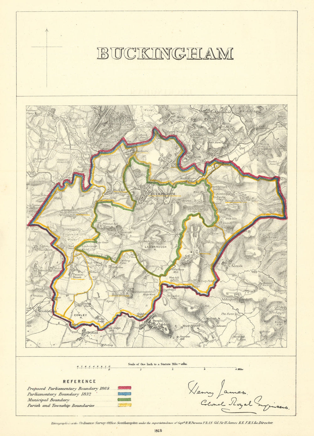 Buckingham, Buckinghamshire. JAMES. Parliamentary Boundary Commission 1868 map