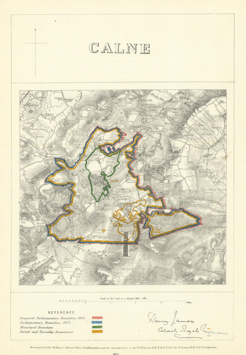 Calne, Wiltshire. JAMES. Parliamentary Boundary Commission 1868 old map