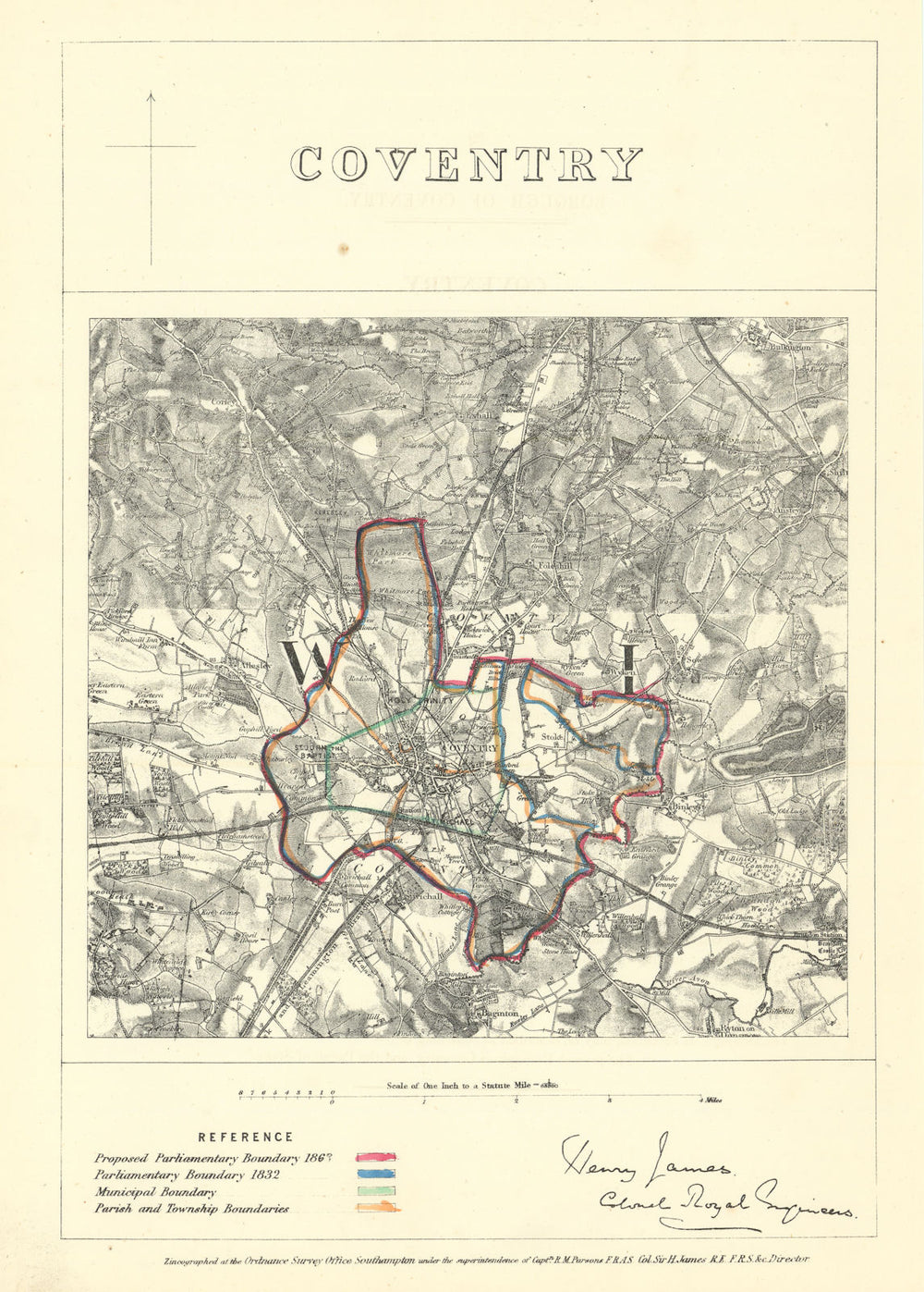 Coventry, Warwickshire. JAMES. Parliamentary Boundary Commission 1868 old map