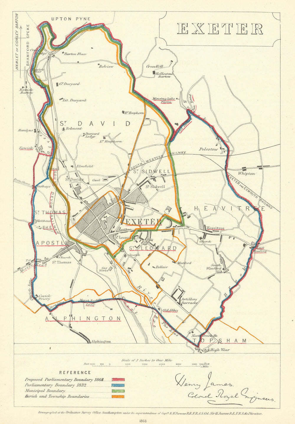 Exeter, Devon. JAMES. Parliamentary Boundary Commission 1868 old antique map