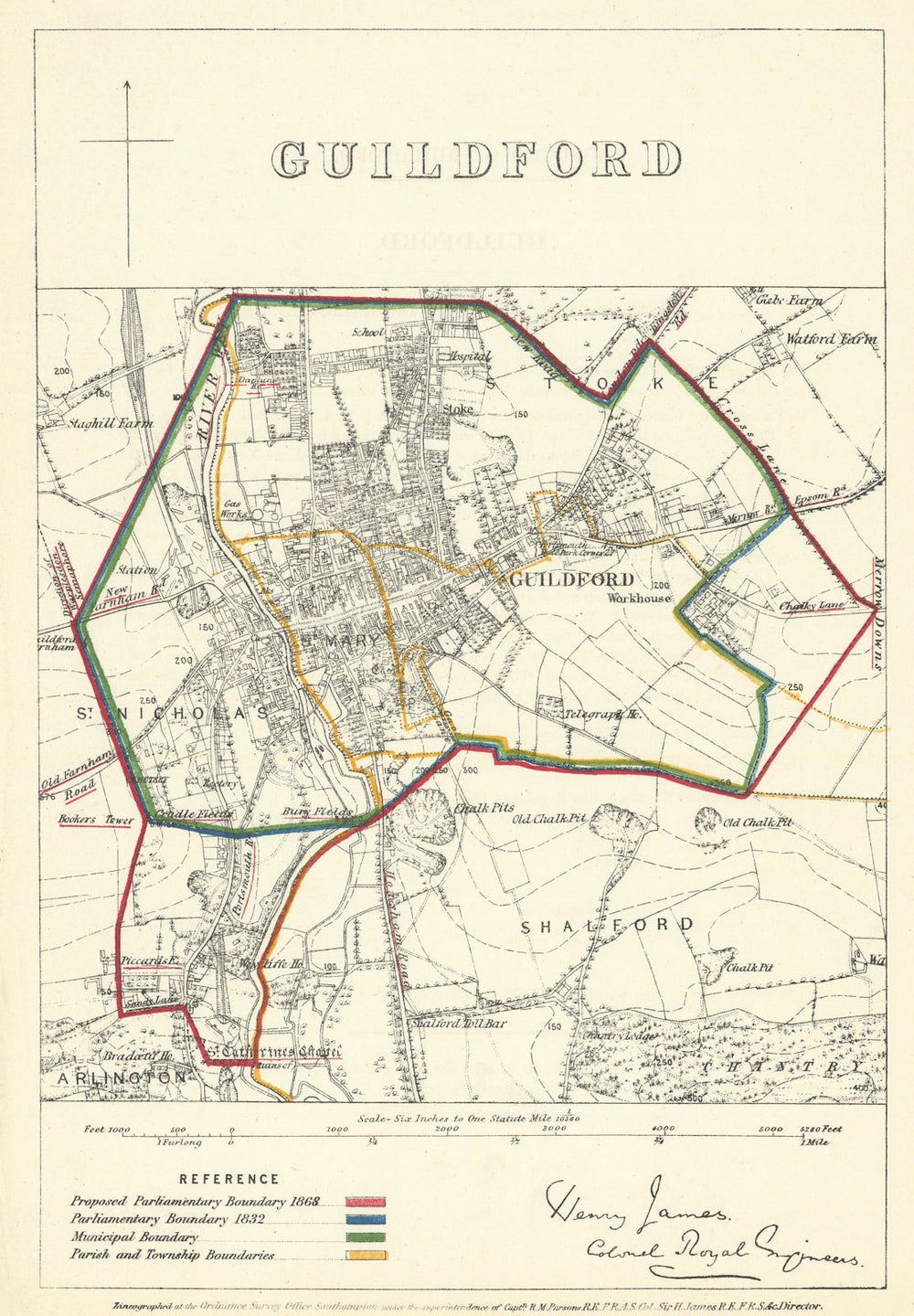 Guildford, Surrey. JAMES. Parliamentary Boundary Commission 1868 old map