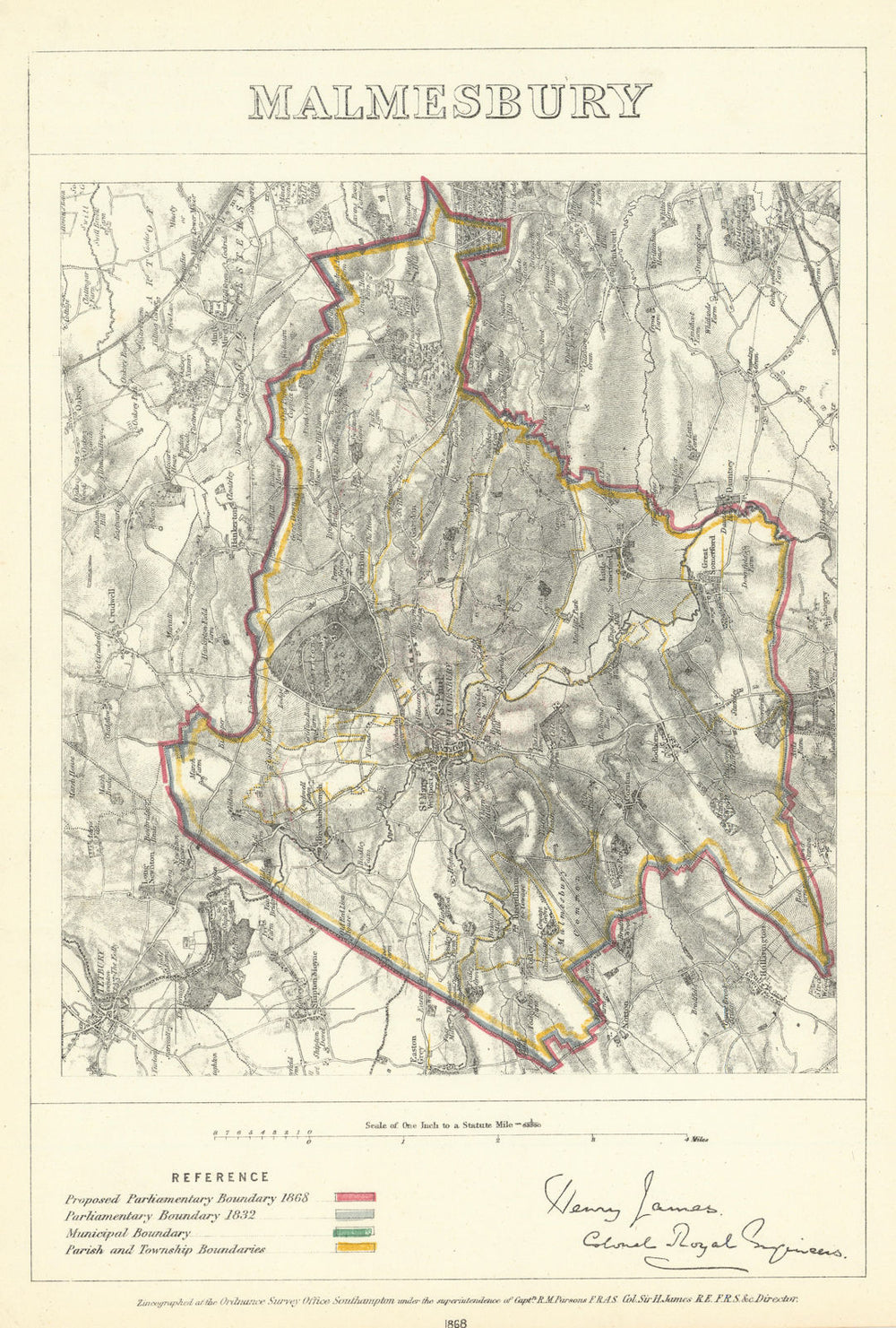 Malmesbury, Wiltshire. JAMES. Parliamentary Boundary Commission 1868 old map