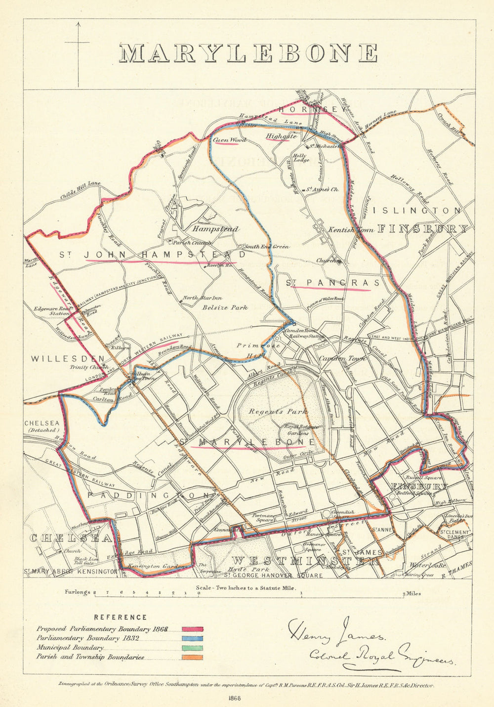Marylebone, London. JAMES. Parliamentary Boundary Commission 1868 old map