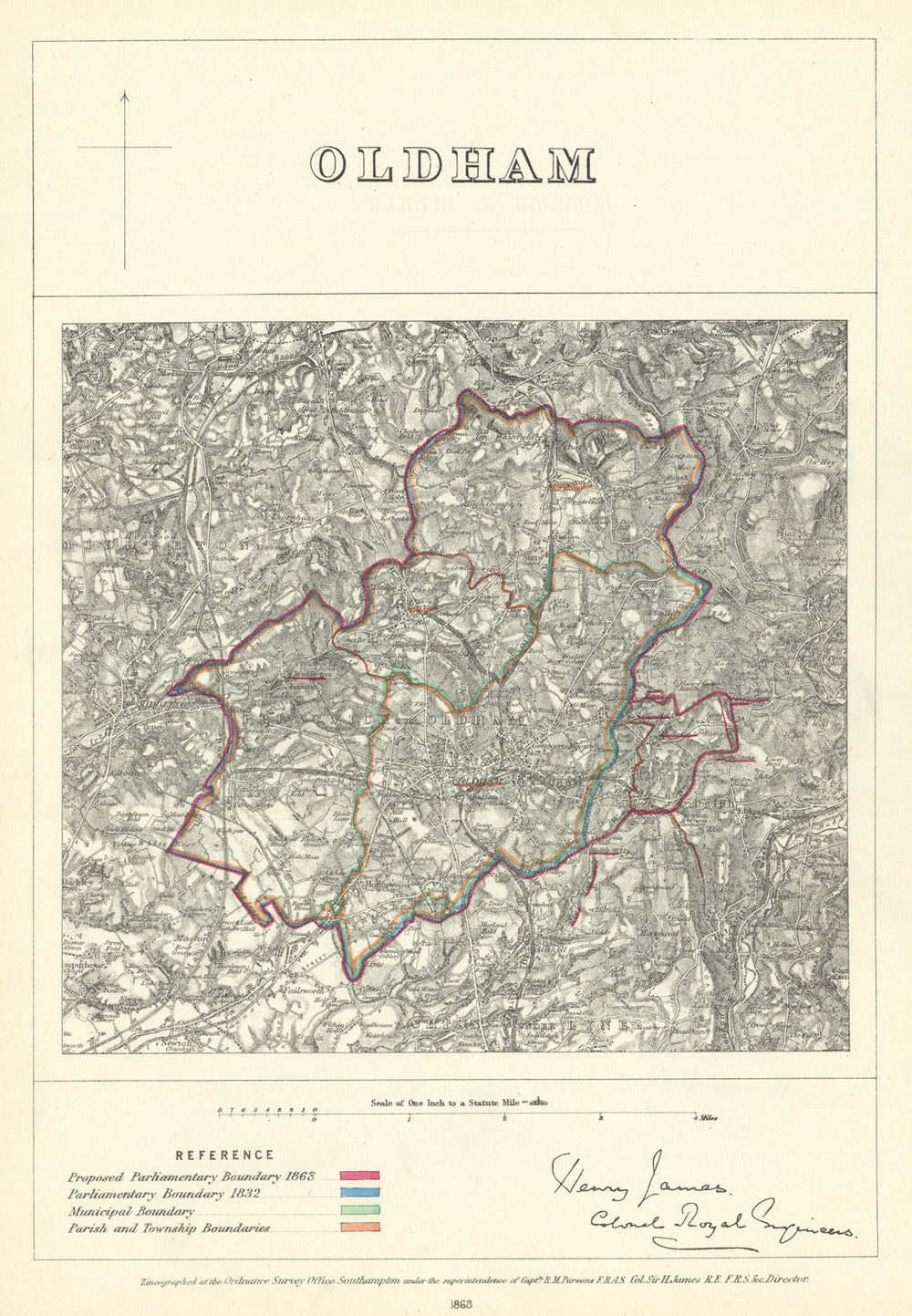 Oldham, Lancashire. JAMES. Parliamentary Boundary Commission 1868 map