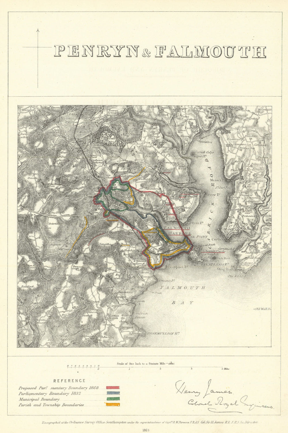 Penryn and Falmouth, Cornwall. JAMES. Parliamentary Boundary Commission 1868 map