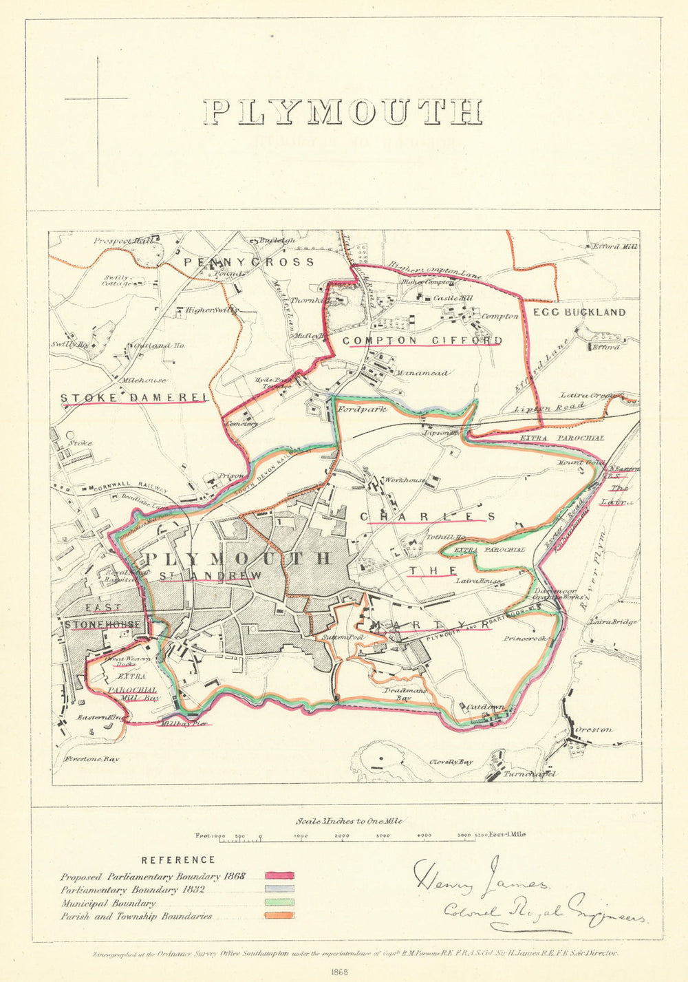Plymouth, Devon. JAMES. Parliamentary Boundary Commission 1868 old antique map