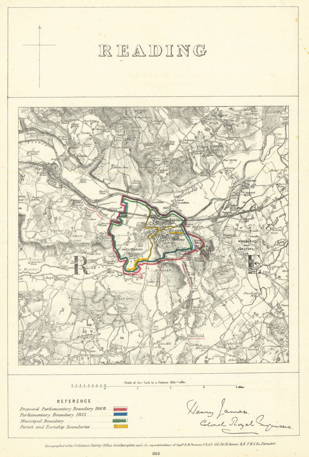 Reading, Berkshire. JAMES. Parliamentary Boundary Commission 1868 old map