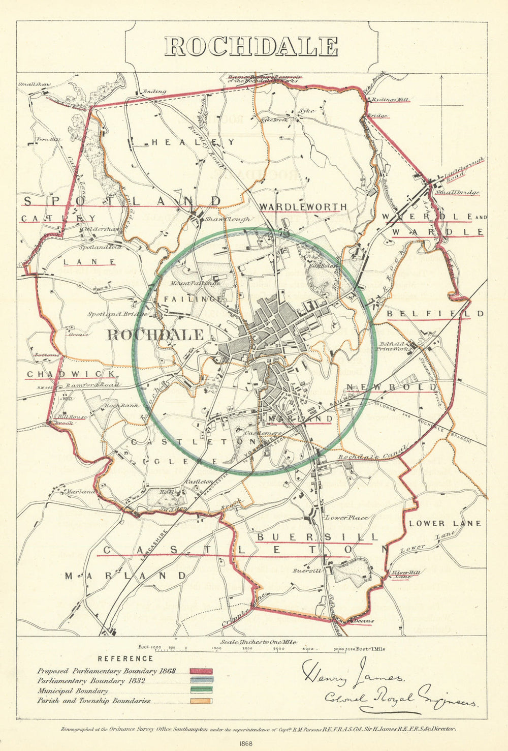 Rochdale, Lancashire. JAMES. Parliamentary Boundary Commission 1868 old map