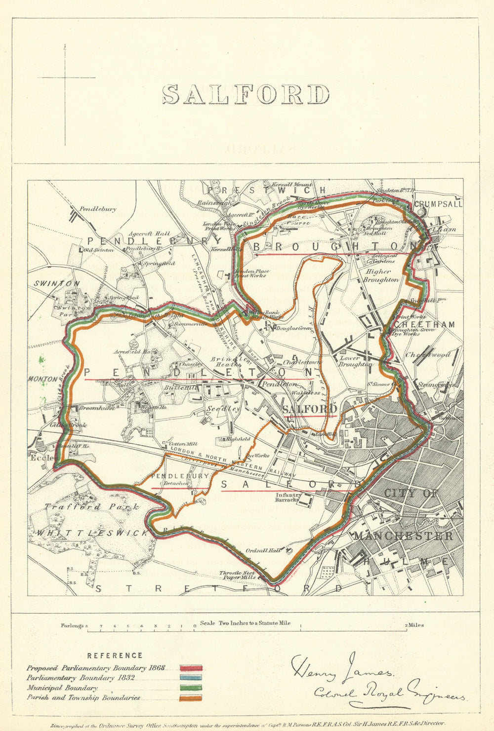 Salford, Lancashire. JAMES. Parliamentary Boundary Commission 1868 old map