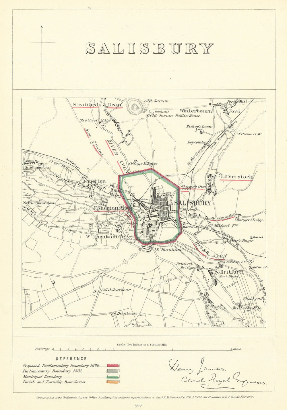 Salisbury, Wiltshire. JAMES. Parliamentary Boundary Commission 1868 old map