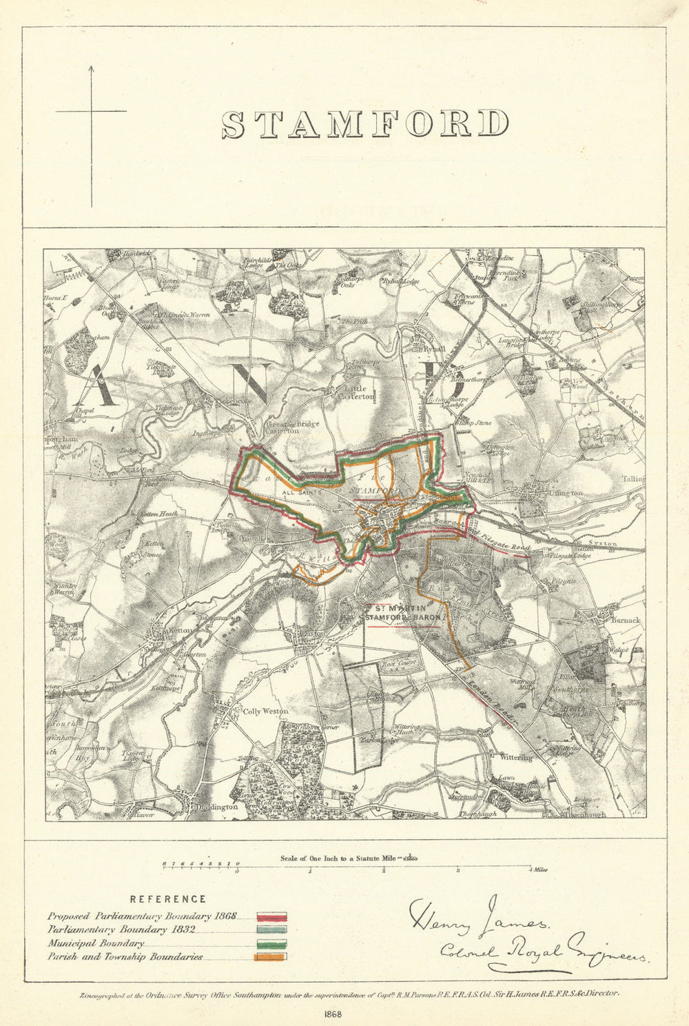 Stamford, Lincolnshire. JAMES. Parliamentary Boundary Commission 1868 old map