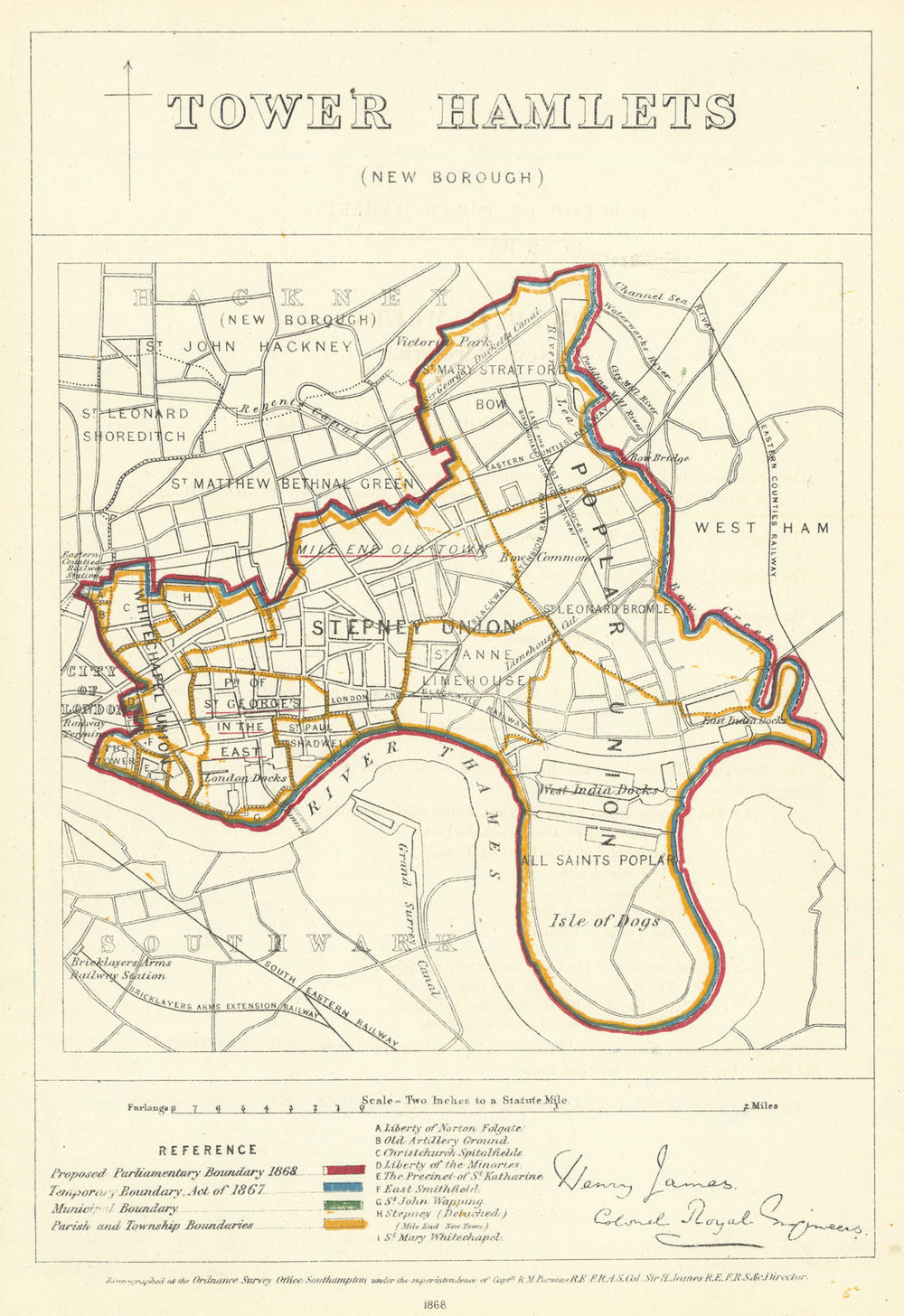 Tower Hamlets, London. JAMES. Parliamentary Boundary Commission 1868 old map