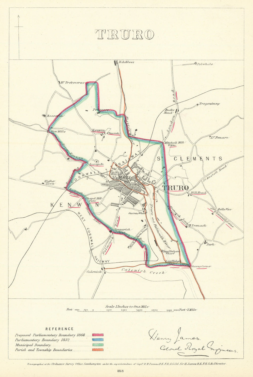 Truro, Cornwall. JAMES. Parliamentary Boundary Commission 1868 old antique map