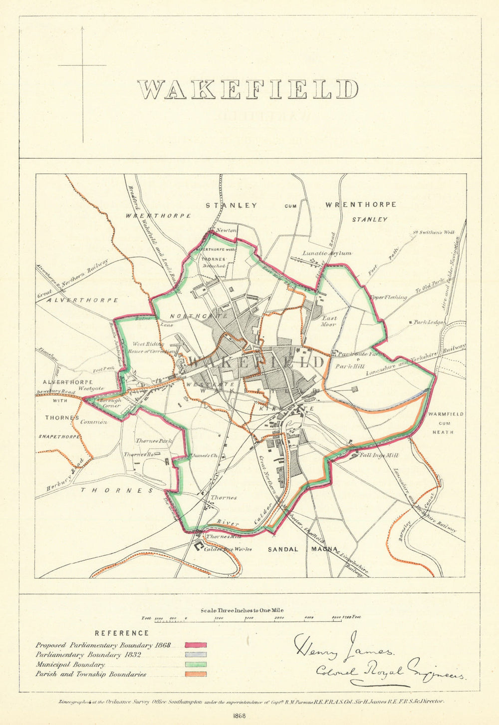 Wakefield, Yorkshire. JAMES. Parliamentary Boundary Commission 1868 old map