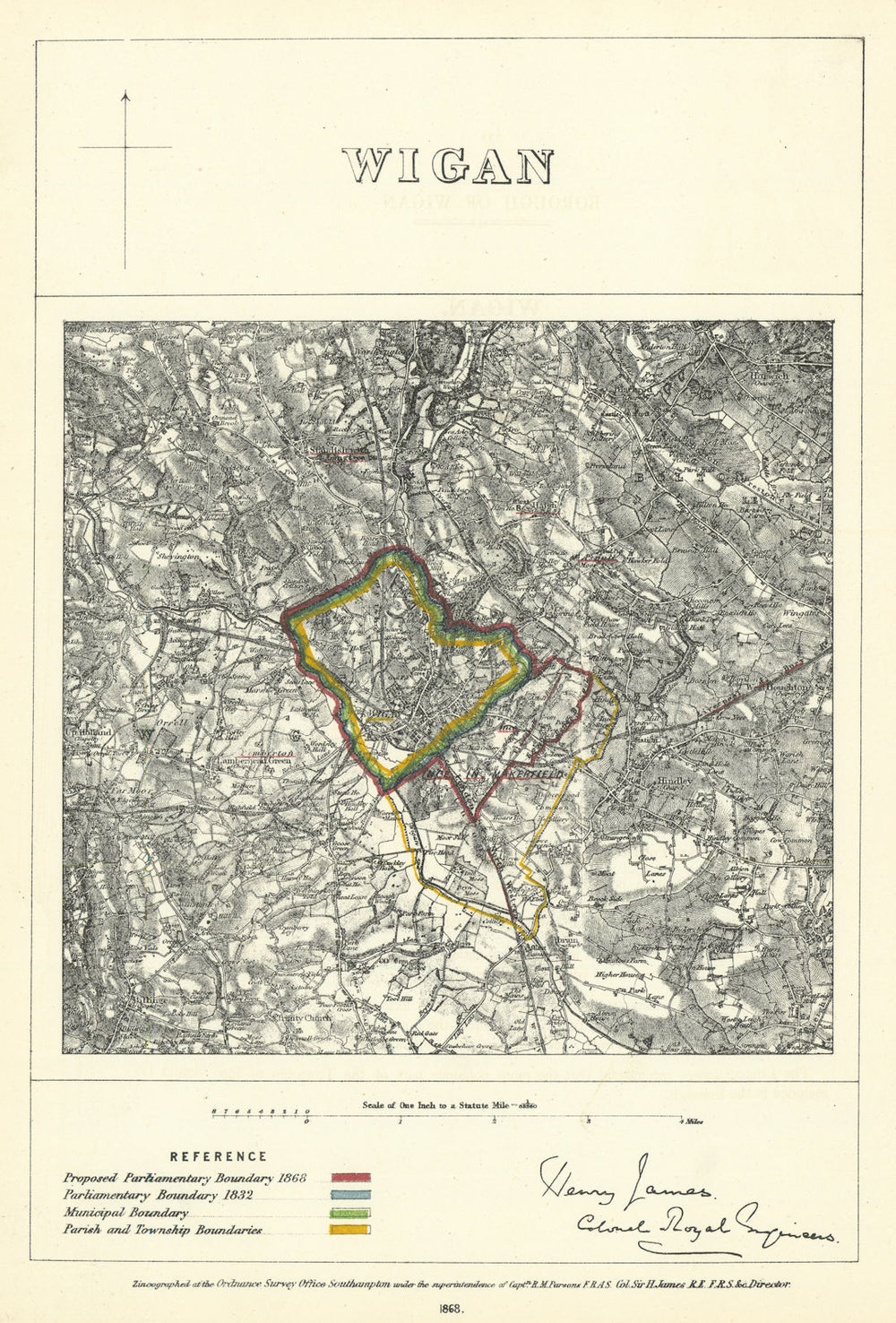 Wigan, Lancashire. JAMES. Parliamentary Boundary Commission 1868 old map