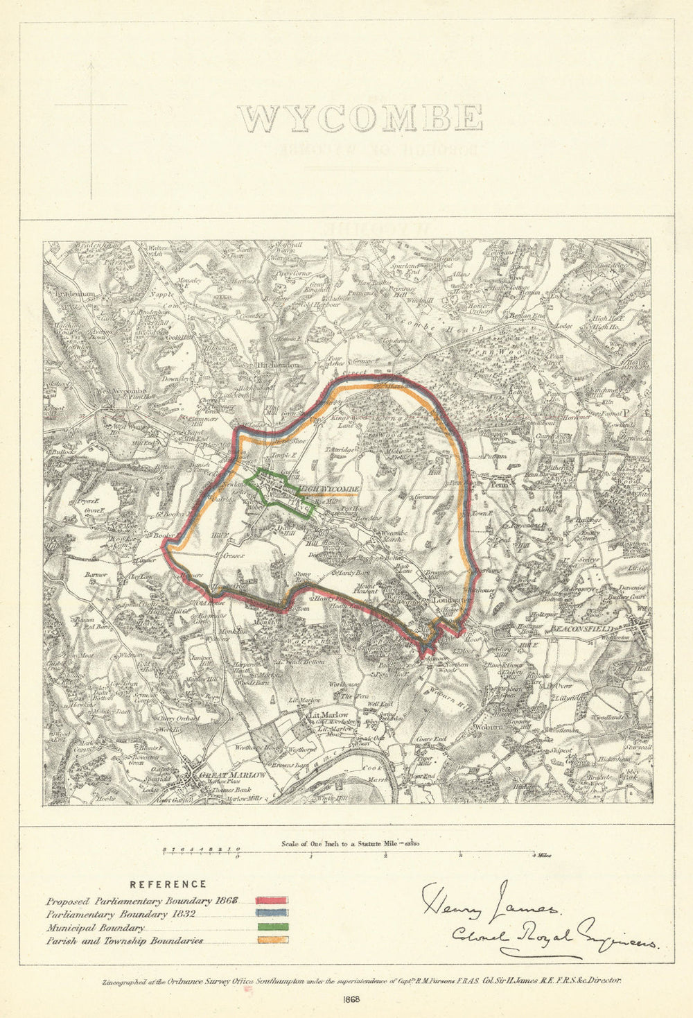 High Wycombe, Buckinghamshire. JAMES. Parliamentary Boundary Commission 1868 map