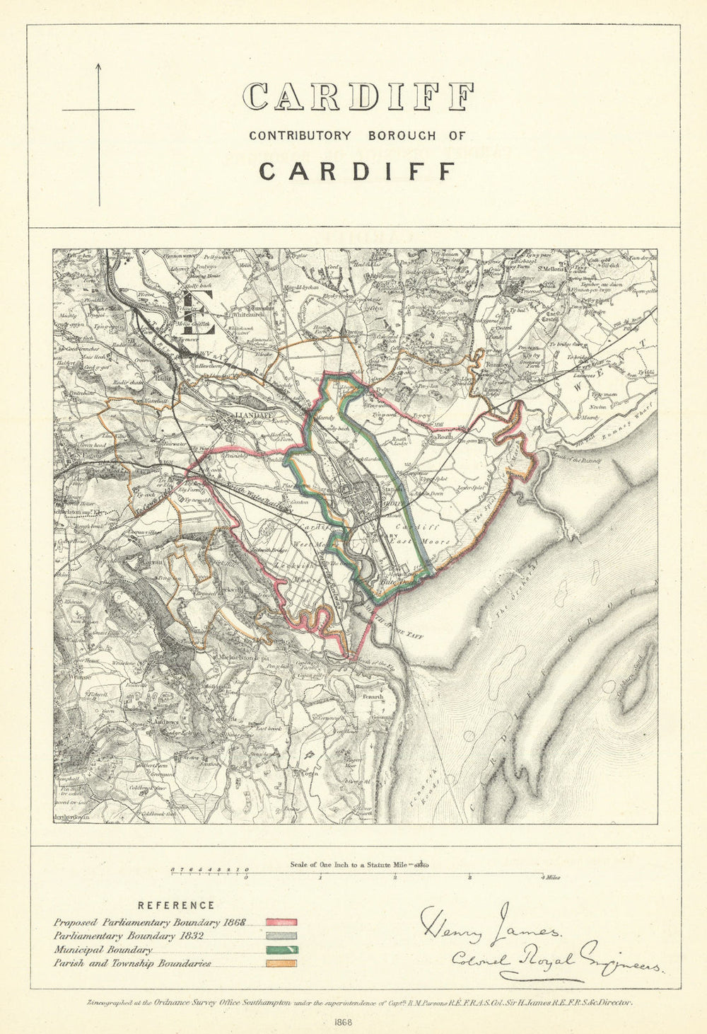 Cardiff Contributory Borough of Cardiff. JAMES. Boundary Commission 1868 map