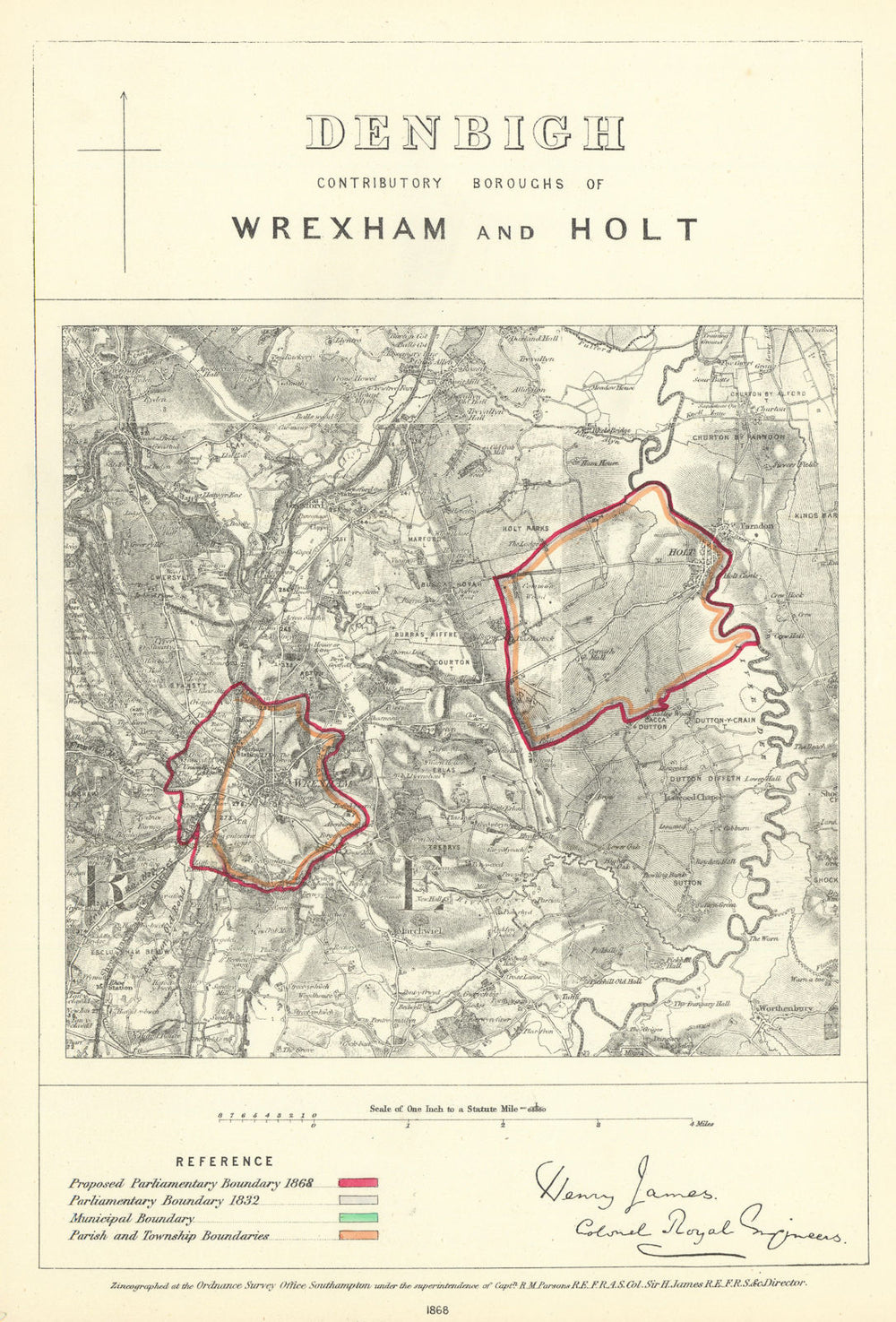 Denbigh Contrib'y Borough of Wrexham & Holt. JAMES. Boundary Commission 1868 map