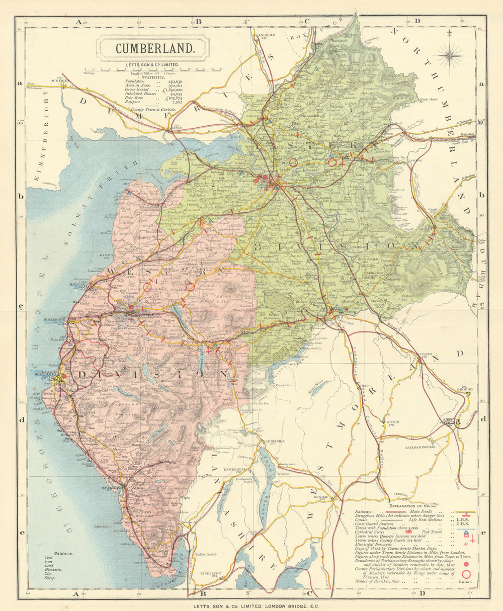 Cumberland Cumbria county map showing Post Towns & Market Days. LETTS 1884
