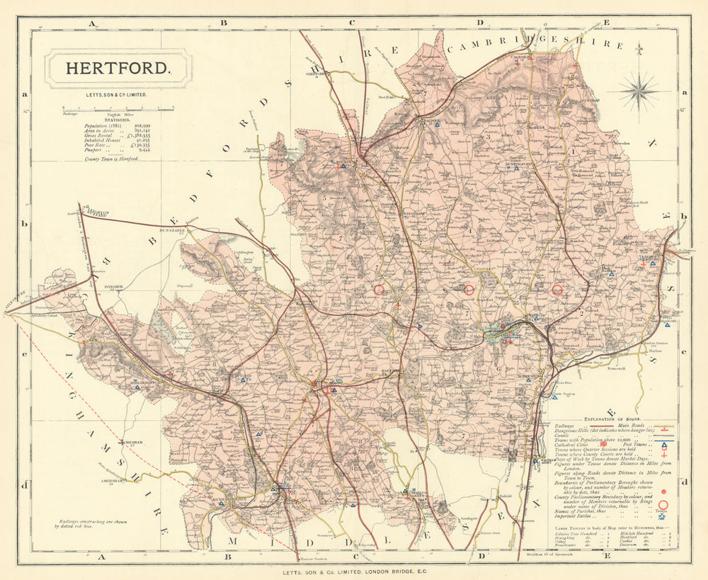 Hertfordshire county map showing Post Towns & Market Days. LETTS 1884 old