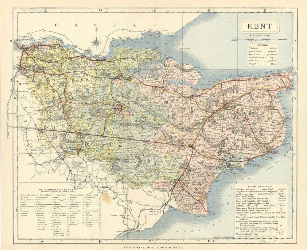 Kent county map showing Post Towns & Market Days. LETTS 1884 old antique
