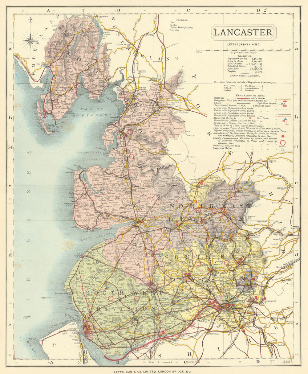 Lancashire county map showing Post Towns & Market Days. LETTS 1884 old
